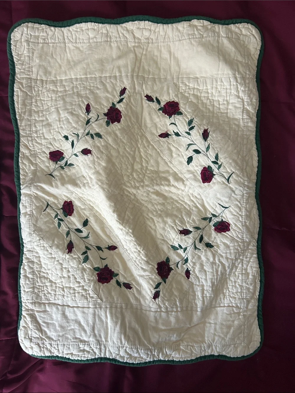 Embroidered Rose Quilted Pillow Sham Set - Cream with Burgundy & Green